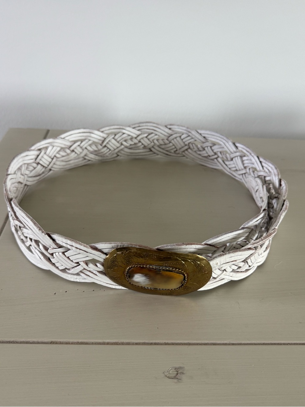 Woven White Leather Belt with Large Gold Buckle